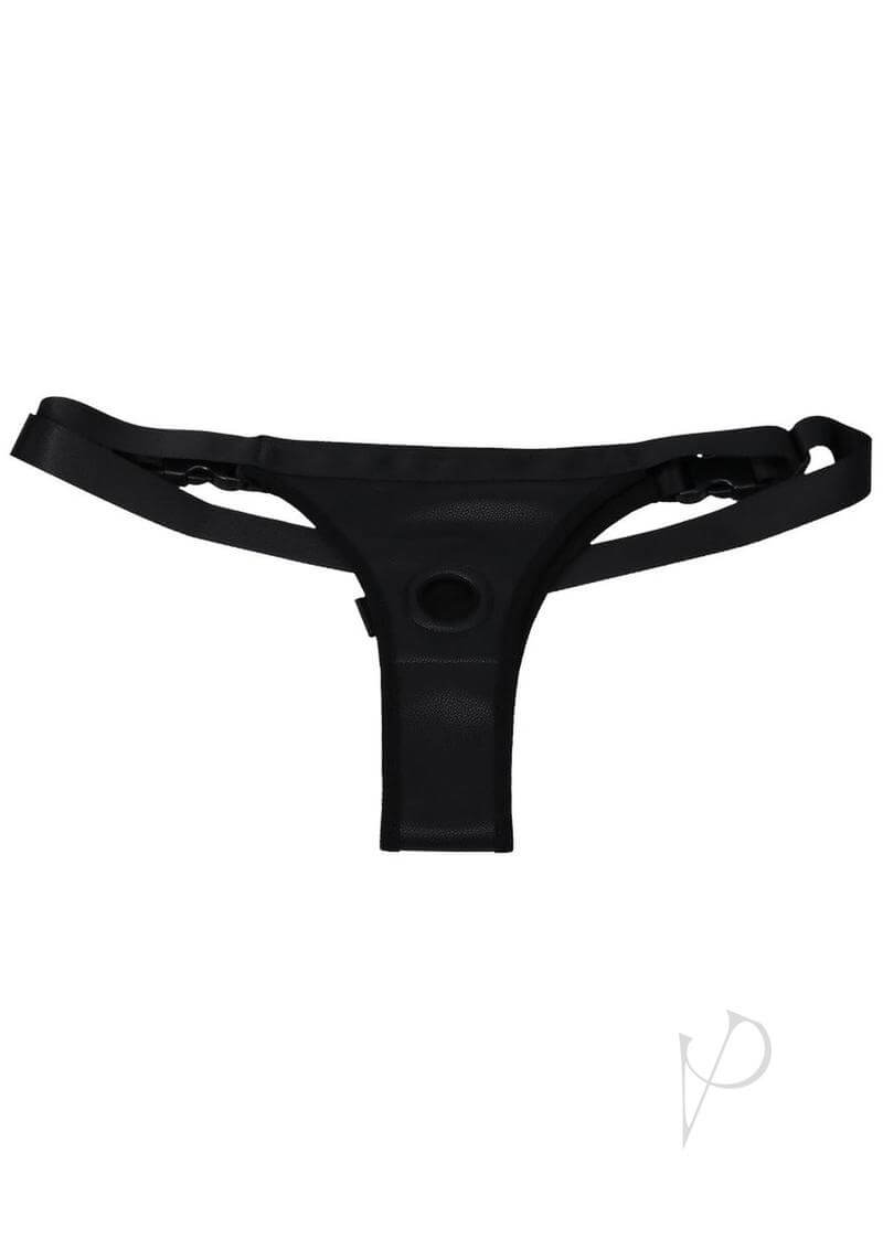 Black vegan-leather harness for discerning pleasure seekers, stylish and functional design blending luxury and comfort.