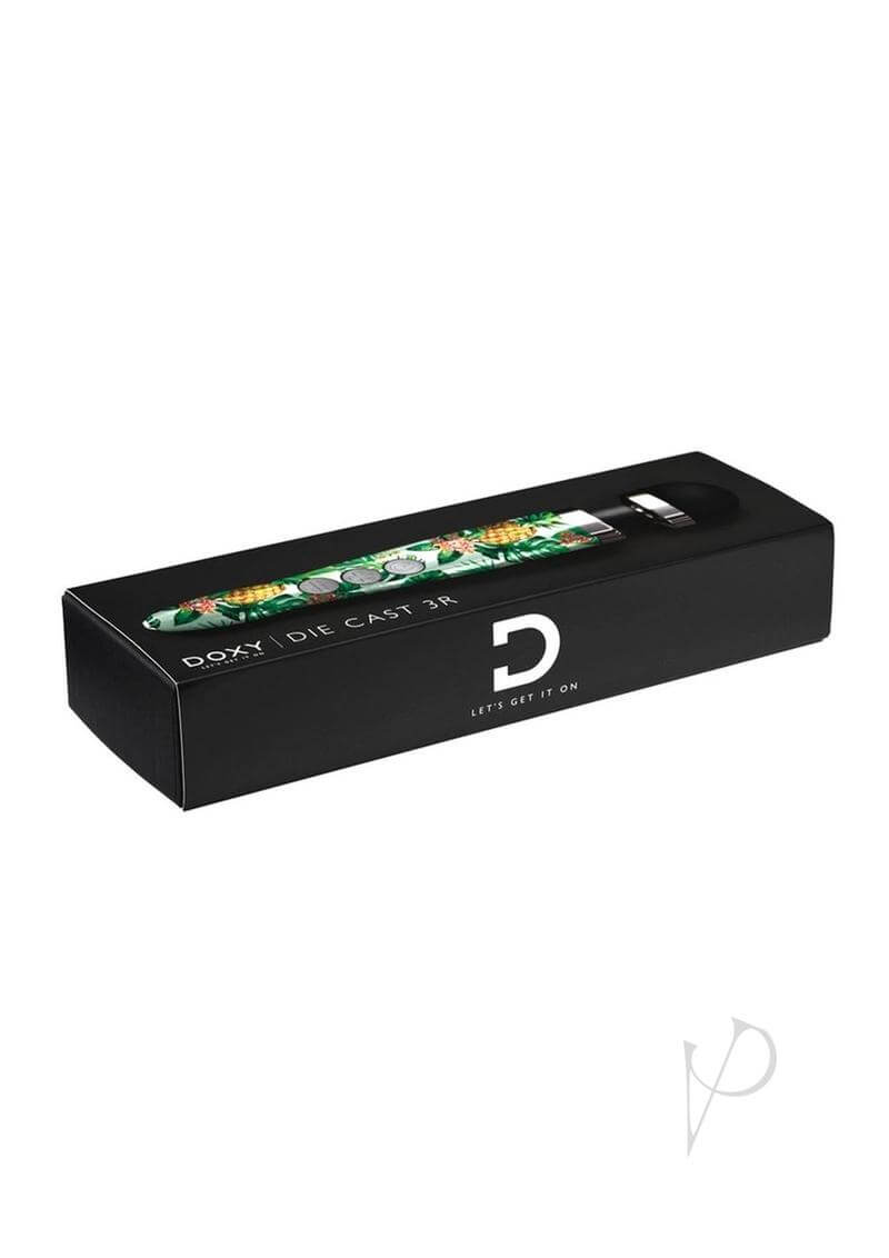 Doxy Die Cast 3R Pineapple Pattern Rechargeable Wand Massager boxed packaging