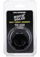 Rock Solid The Gear Black cock ring in packaging, promising quality, comfort, performance, and super hard erections