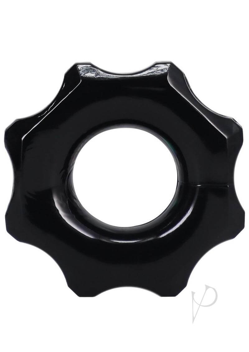 Industrial-shaped black Rock Solid The Gear cock ring for super hard erections and long-lasting performance.