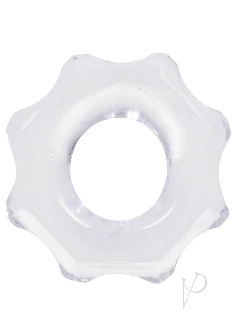 Industrial-shaped clear cock ring for super-hard erections, body-safe and stretchy TPE for comfortable fit and longer-lasting performance.