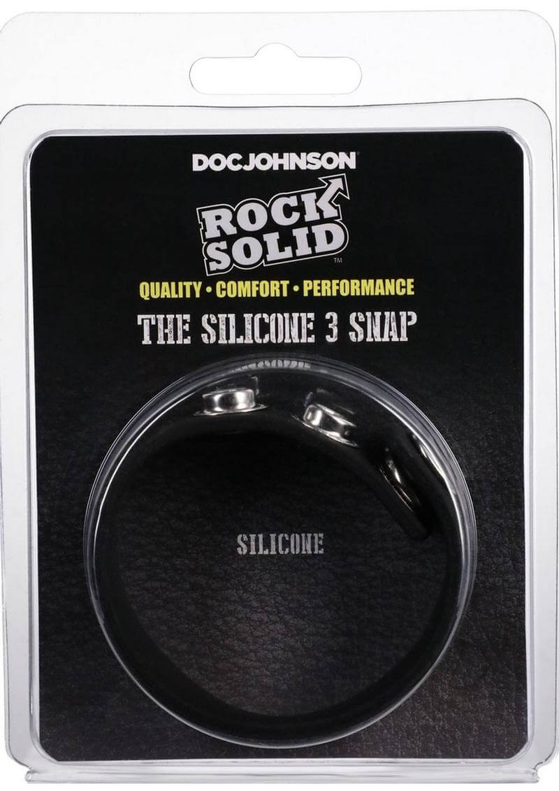 Rock Solid The Silicone 3 Snap Black Cock Ring Packaging with Health-Grade Silicone for Versatile and Safe Use