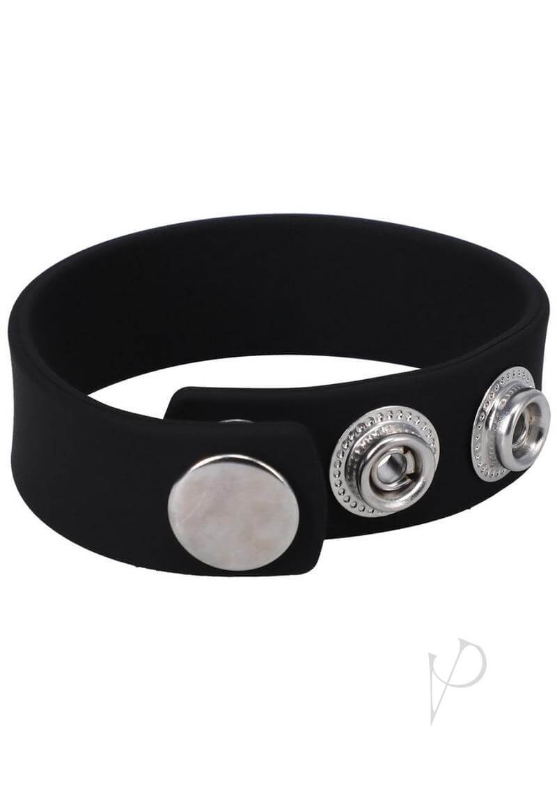Rock Solid The Silicone 3 Snap Black Cock Ring with adjustable nickel snaps for a perfect fit, crafted from body-safe silicone.