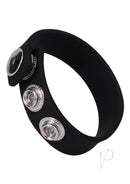 Rock Solid The Silicone 3 Snap Black Cock Ring with nickel snaps, designed for versatility and comfort, displayed on a white background