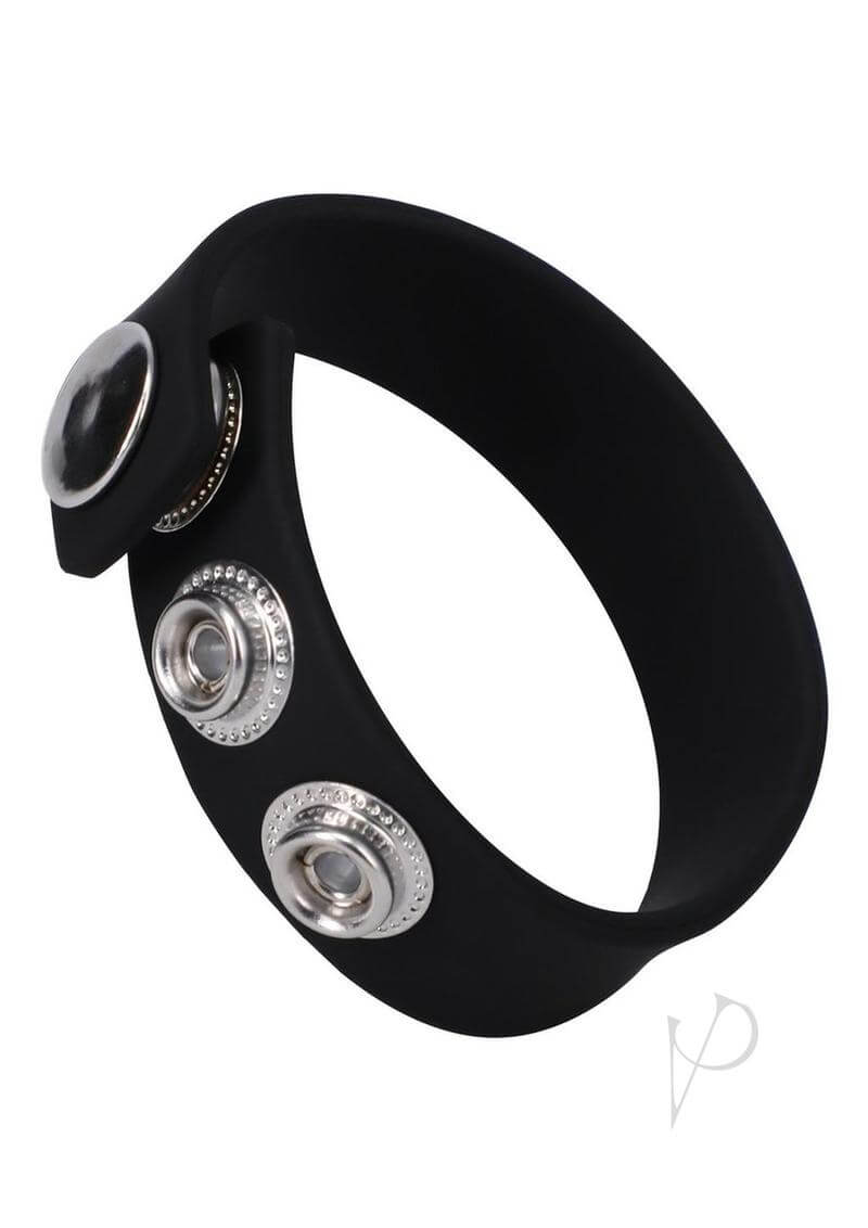Rock Solid The Silicone 3 Snap Black Cock Ring with nickel snaps, designed for versatility and comfort, displayed on a white background