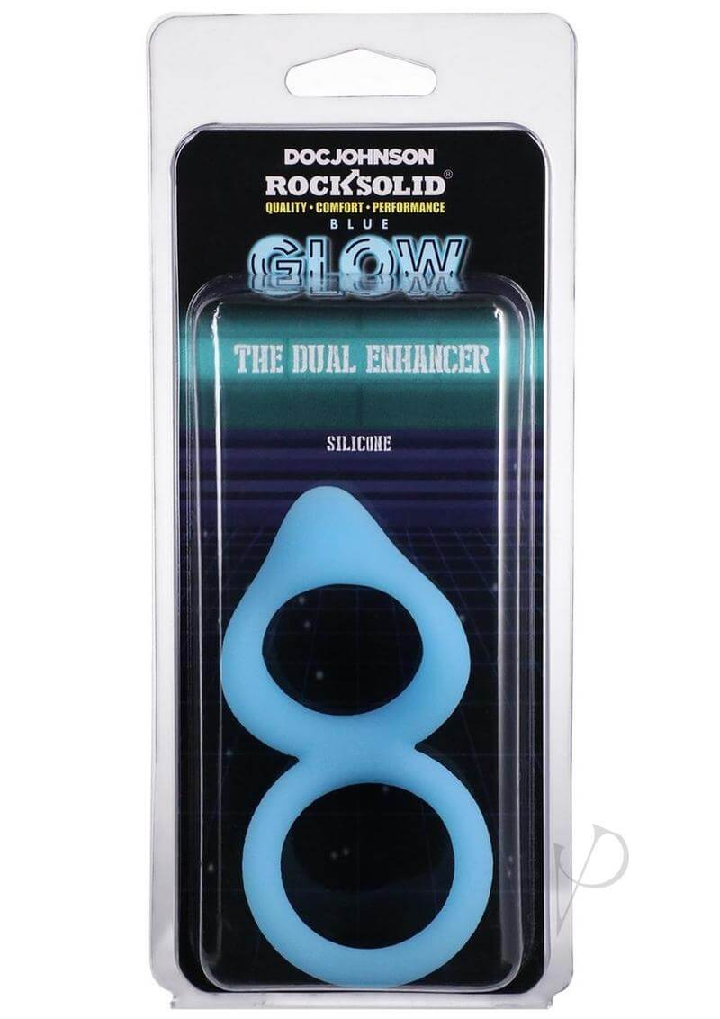 Rock Solid Dual Enhancer Blue glow-in-the-dark silicone double ring in packaging