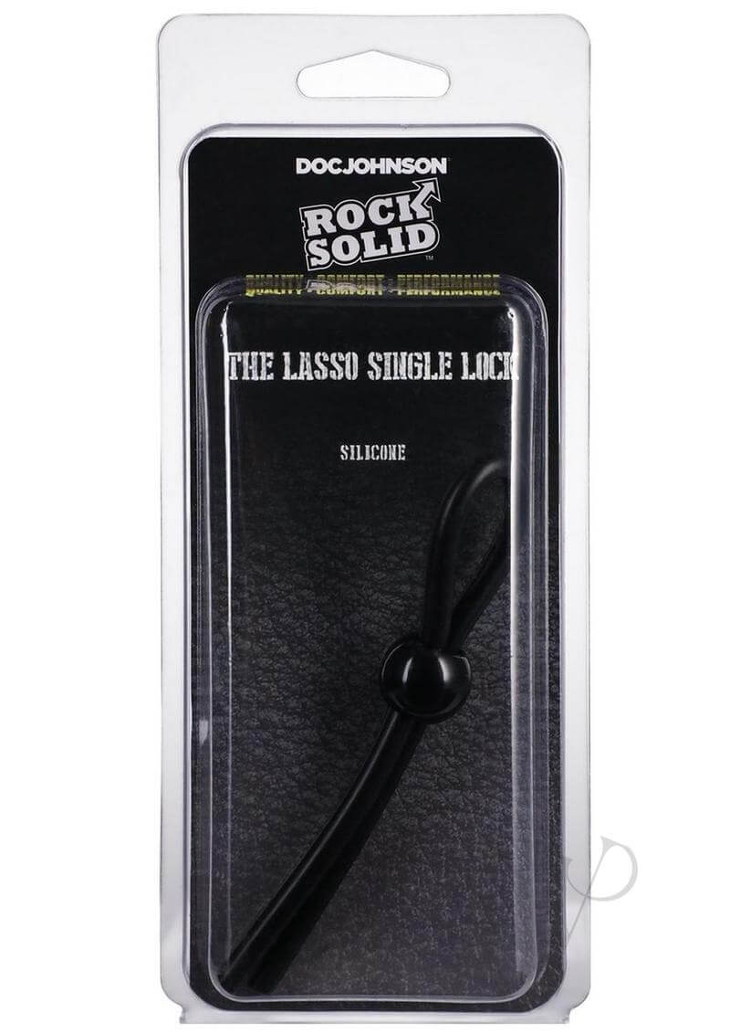 Rock Solid Lasso Single Lock Black in original packaging showing adjustable silicone cock ring by Doc Johnson