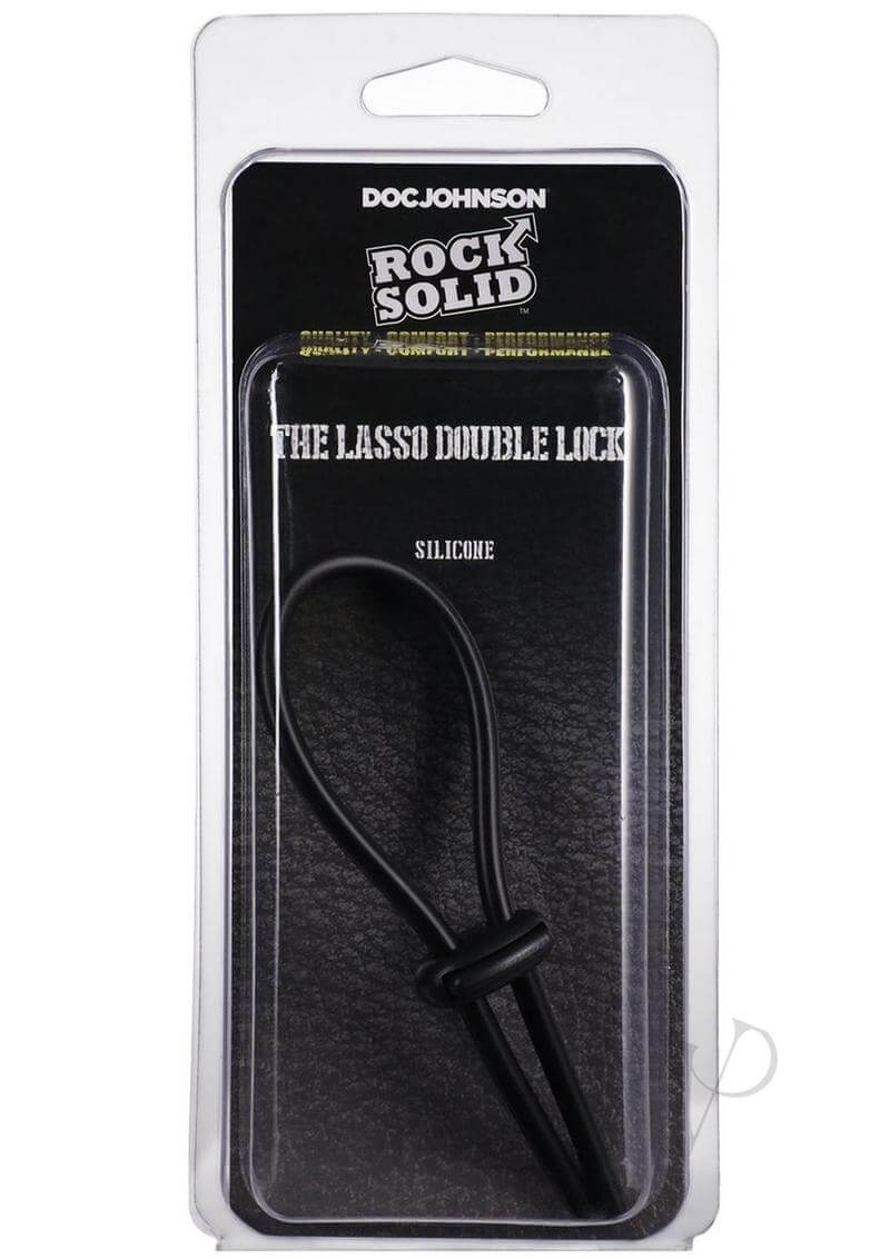Adjustable and secure Rock Solid The Lasso Double Lock Black cock ring in packaging.