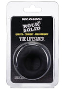 Rock Solid Lifesaver Black Silicone Cock Ring in packaging, showcasing durable and comfortable design for enhanced pleasure.