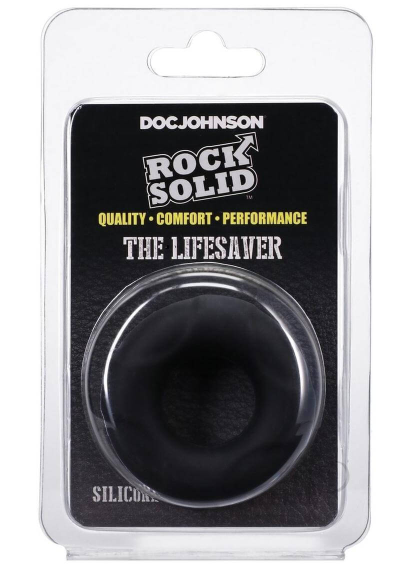 Rock Solid Lifesaver Black Silicone Cock Ring in packaging, showcasing durable and comfortable design for enhanced pleasure.