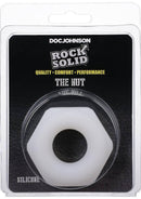 Rock Solid The Nutt White Silicone Cock Ring in packaging, bolt-shaped design, enhances size and thickness for longer, harder erections