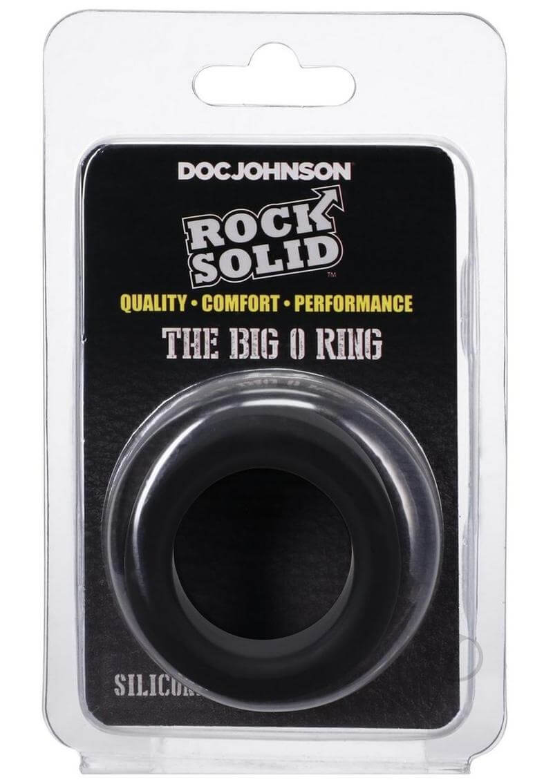 Rock Solid The Big O Black Silicone Delay Ring in packaging, designed for enhanced pleasure and delayed ejaculation.