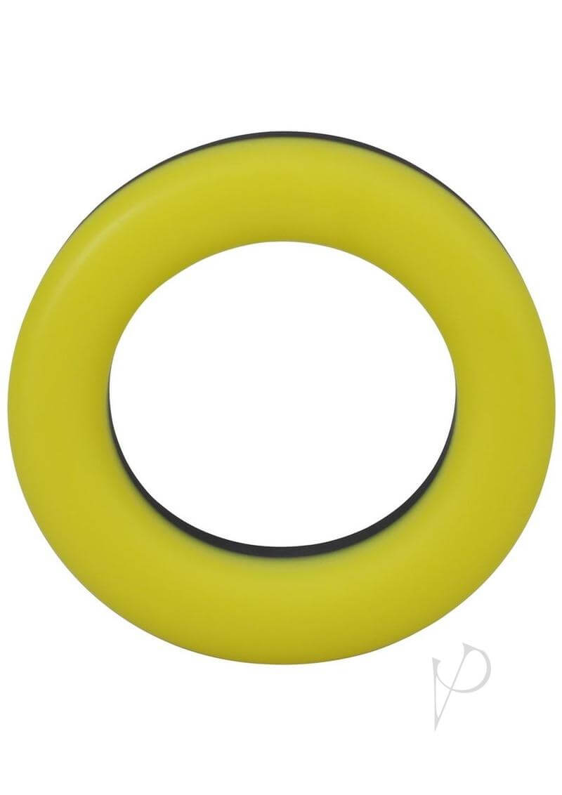 Yellow silicone cock ring in perfect cylinder O shape for enhanced pleasure and performance.