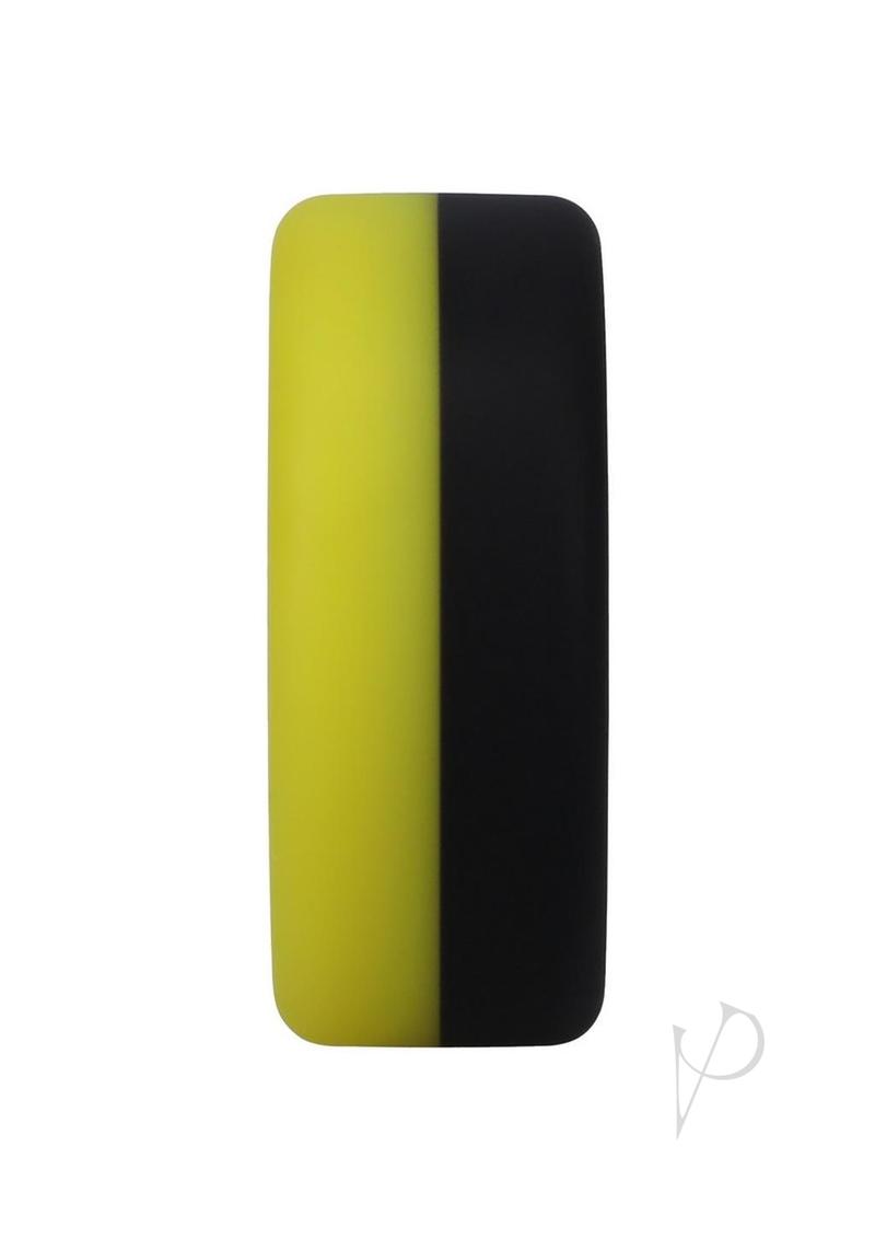 Yellow and black silicone cock ring in a perfect O shape designed for enhancing pleasure and performance.