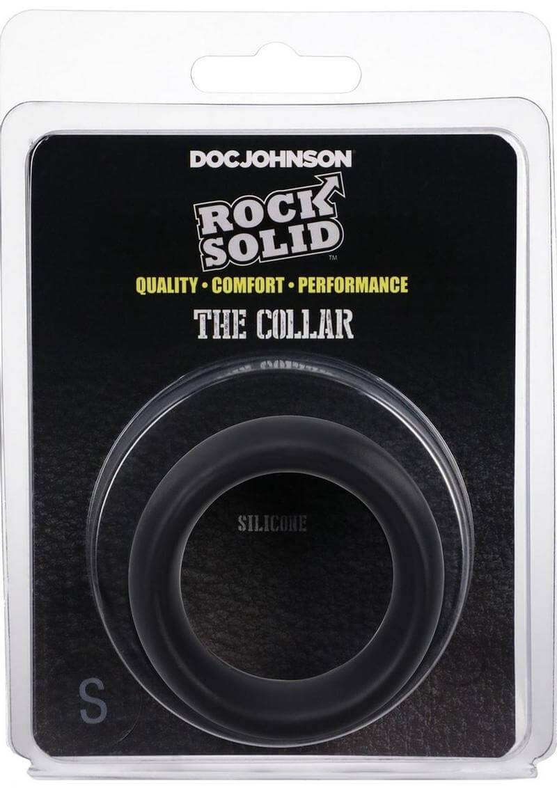 Rock Solid The Silicone Collar Small Black Cock Ring packaging promoting quality, comfort, and performance