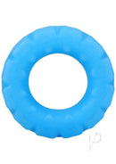 Blue glow-in-the-dark cock ring with textured tread design made from stretchy silicone, enhancing pleasure and performance.