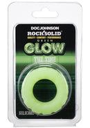 Rock Solid The Tire green glow-in-the-dark cock ring in packaging, offering enhanced pleasure with wide, flat sides and rugged tread design