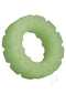 Green glow-in-the-dark cock ring with rugged tread design and wide, flat sides for extra texture and stimulation.