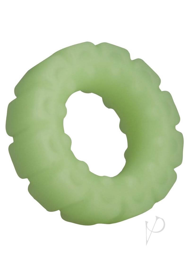 Green glow-in-the-dark cock ring with rugged tread design and wide, flat sides for extra texture and stimulation.