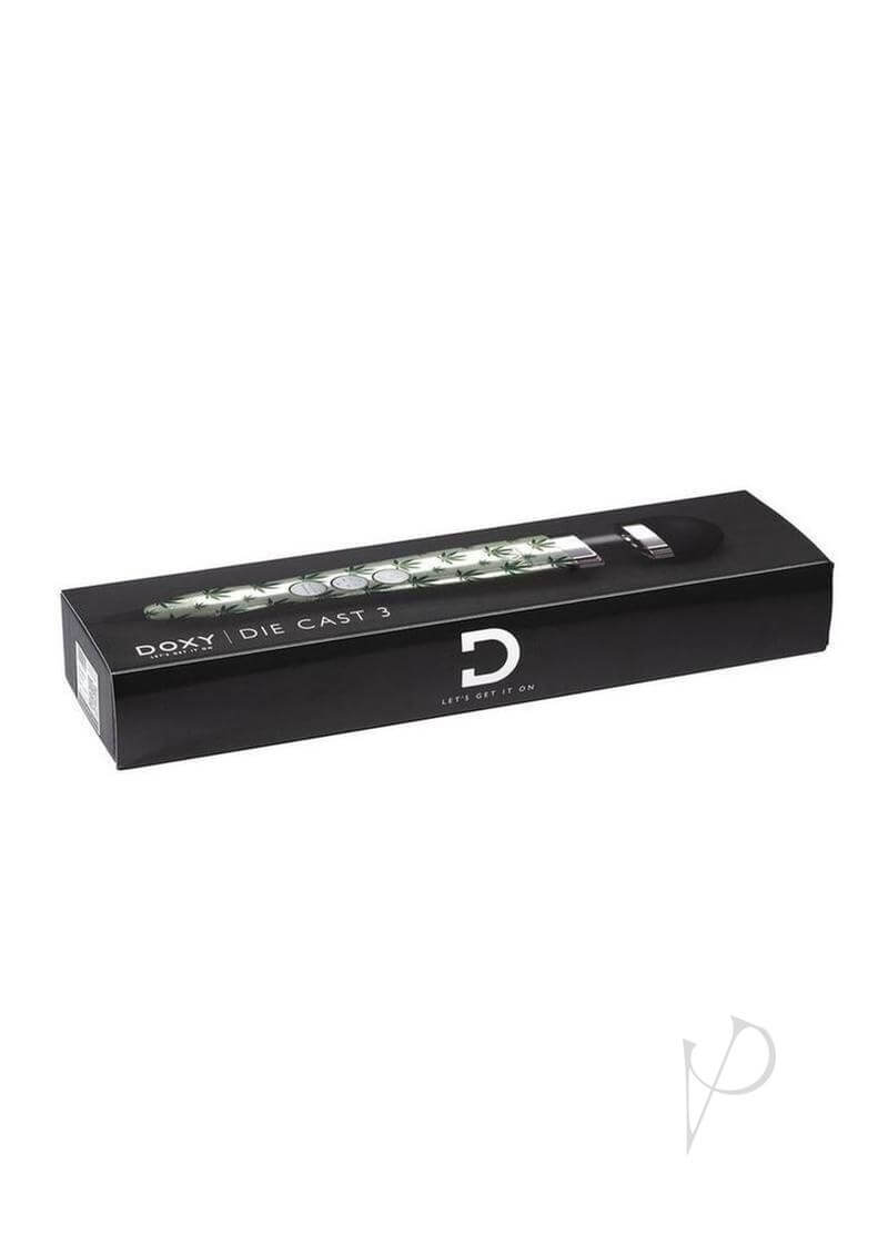 Doxy Die Cast 3 Cannabis Wand Massager in packaging, showcasing its sleek black box with cannabis leaf design, compact and powerful pleasure device.