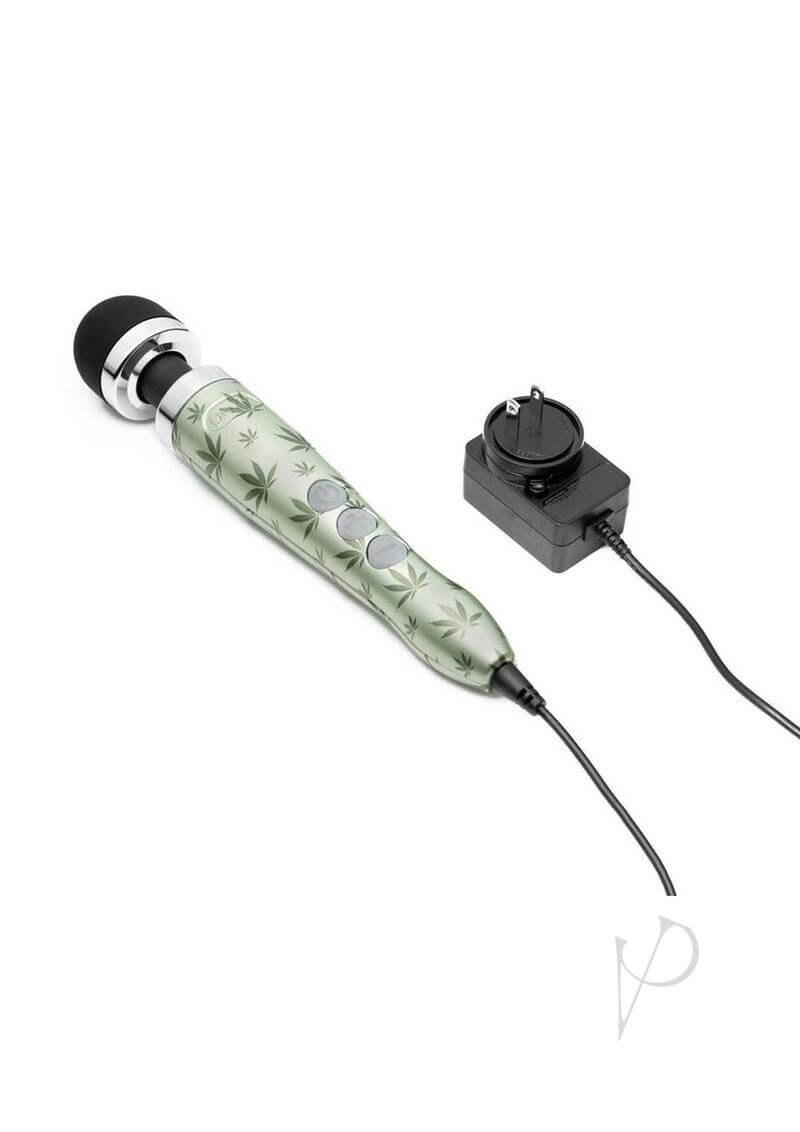 Doxy Die Cast 3 Cannabis Wand Massager with cord attached, featuring green cannabis-themed design and control buttons.