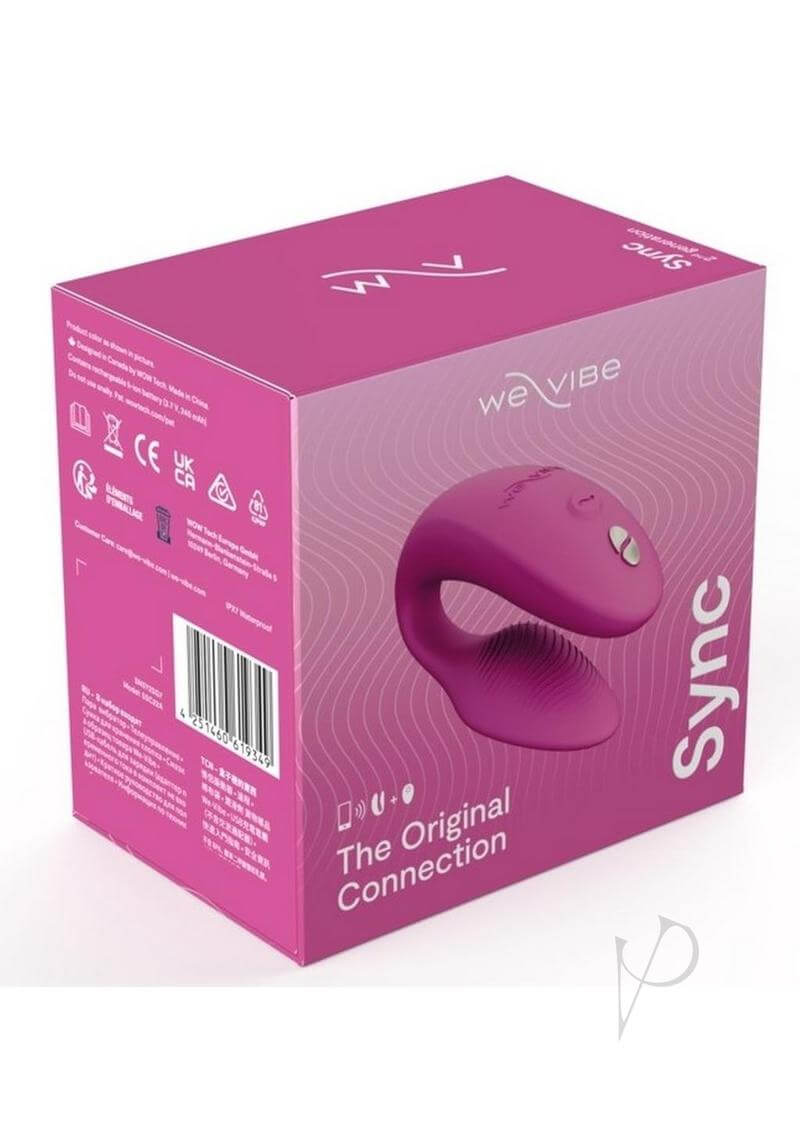 We Vibe Sync Dusty Pink couples vibrator in box offering remote and app control for shared vibrations and adjustable fit