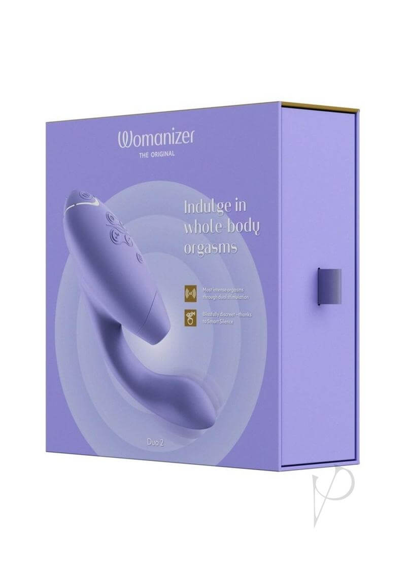 Womanizer DUO 2 Lilac Rabbit Toy packaging showcasing Pleasure Air clitoral stimulator and G-Spot vibrator.
