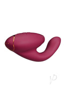 Womanizer DUO 2 Bordeaux Rabbit Toy with Pleasure Air Clitoral Stimulator and Powerful G-Spot Vibrator in deep red color for blended orgasms.