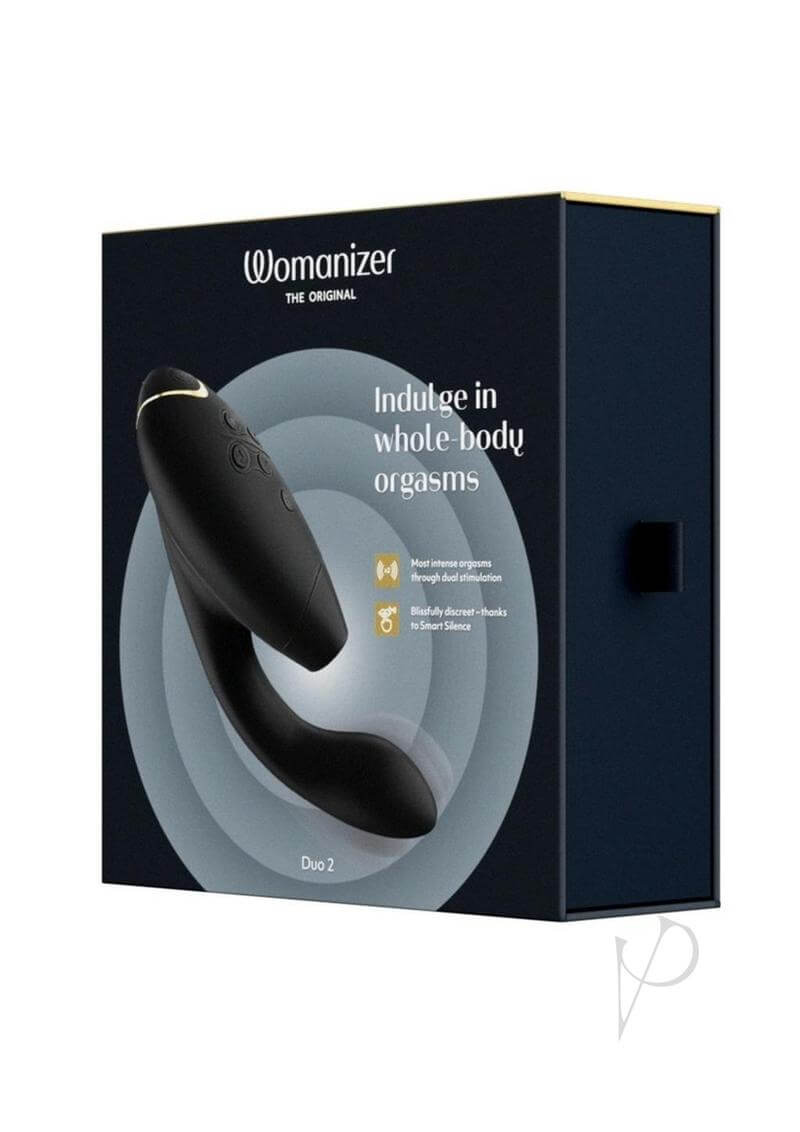 Womanizer DUO 2 Black rabbit toy in packaging with Pleasure Air clitoral stimulator and G-Spot vibrator for blended orgasms