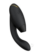 The Womanizer DUO 2 Black rabbit toy with Pleasure Air clitoral stimulator and G-spot vibrator shown against a white background.