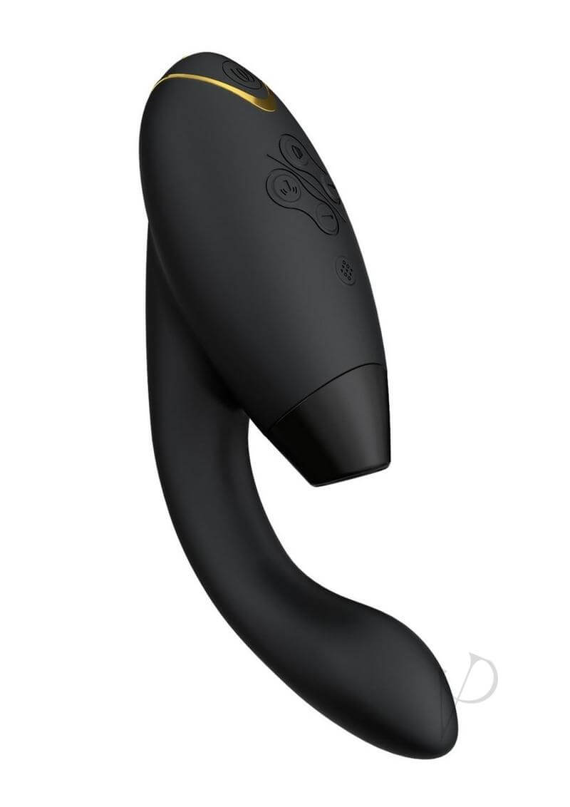 The Womanizer DUO 2 Black rabbit toy with Pleasure Air clitoral stimulator and G-spot vibrator shown against a white background.