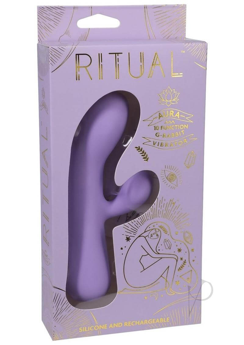 Ritual Aura Purple Silicone Rabbit Vibrator packaging showing a luxurious, soft silicone design with powerful vibration features