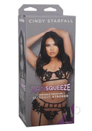 Main Squeeze Cindy Starfall Pussy ULTRASKYN Stroker packaging with model in black lingerie