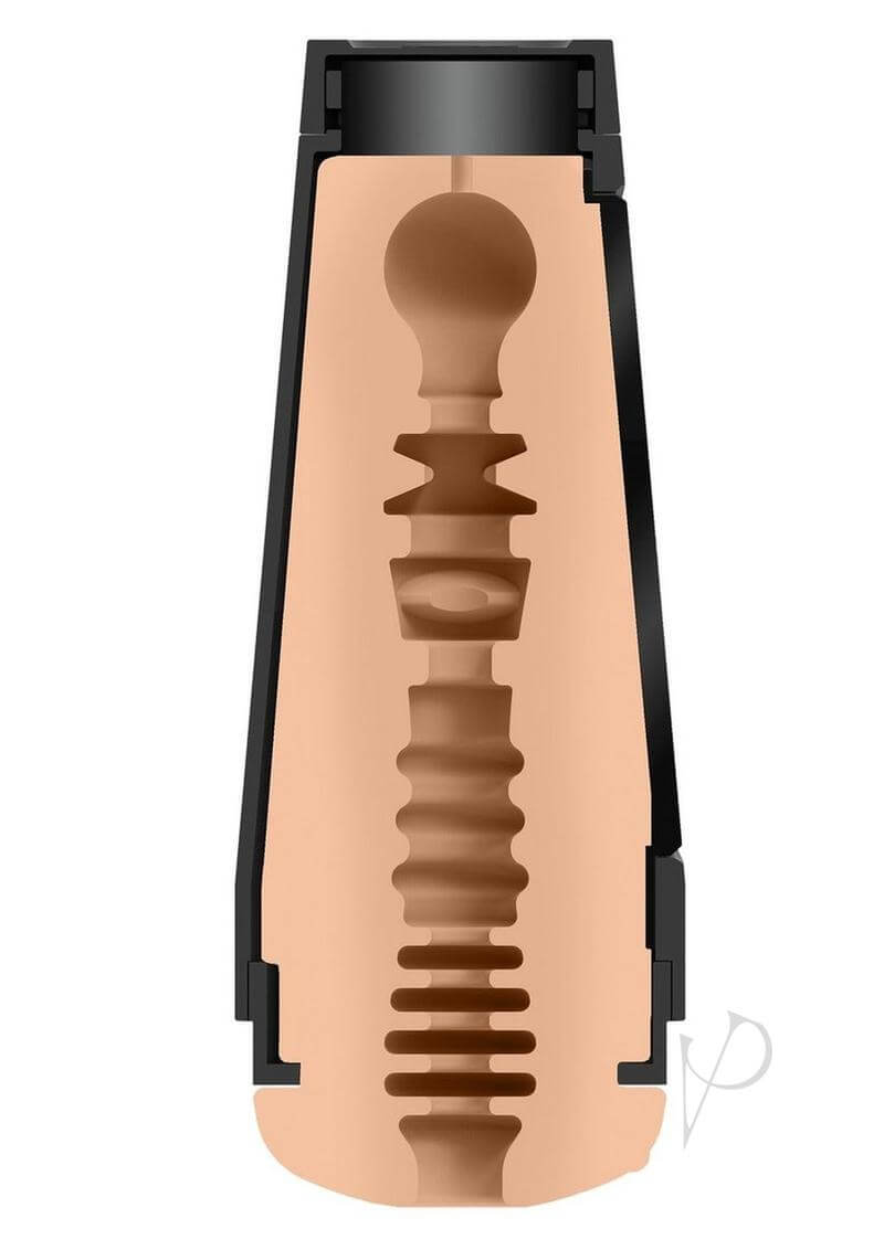 Cross-section view of Main Squeeze Cindy Starfall Pussy stroker showing lifelike ULTRASKYN texture and hard outer case.