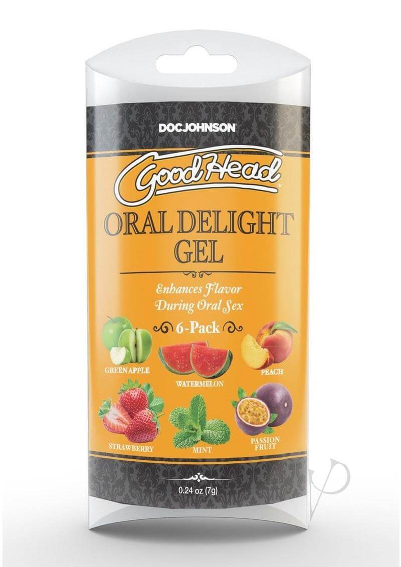 Doc Johnson GoodHead Oral Delight Gel 6-Pack with assorted flavors like Green Apple, Mint, Peach, Strawberry, Watermelon, and Passion Fruit