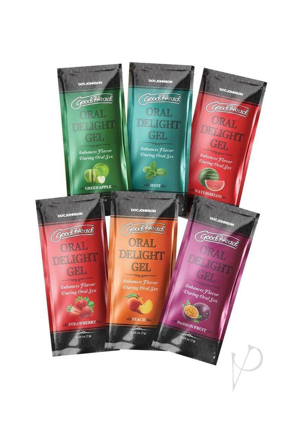 Doc Johnson GoodHead Oral Gel #2 6-Pack in Green Apple, Mint, Peach, Strawberry, Watermelon, and Passion Fruit flavors
