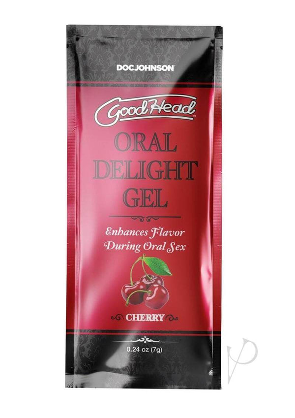 GoodHead Oral Delight Gel Cherry flavor enhancing oral sex, single packet front view.
