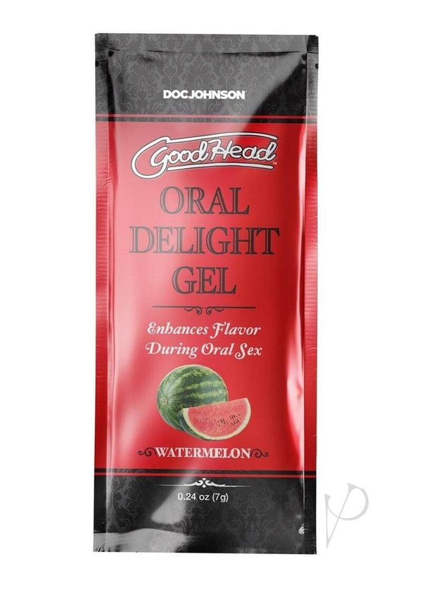 GoodHead Oral Delight Gel Watermelon single-use packet enhances flavor during oral sex.