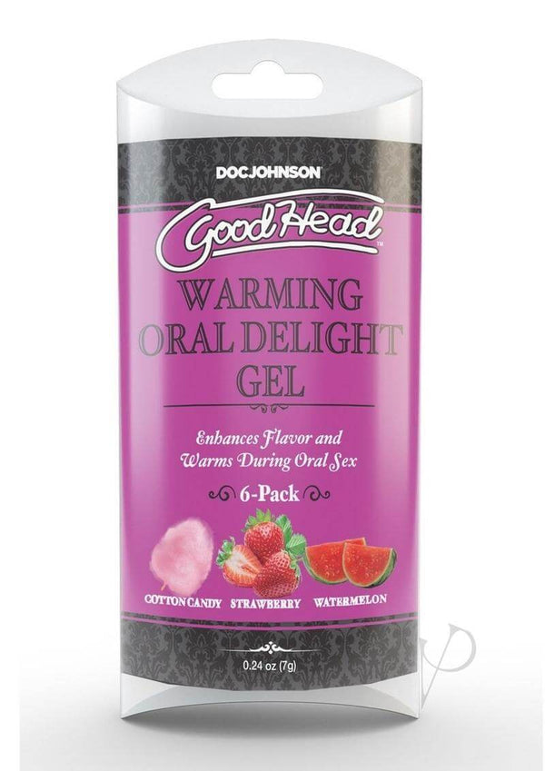 GoodHead Warming Oral Delight Gel 6-Pack in assorted flavors - Cotton Candy, Strawberry, Watermelon, 0.24 oz packages.