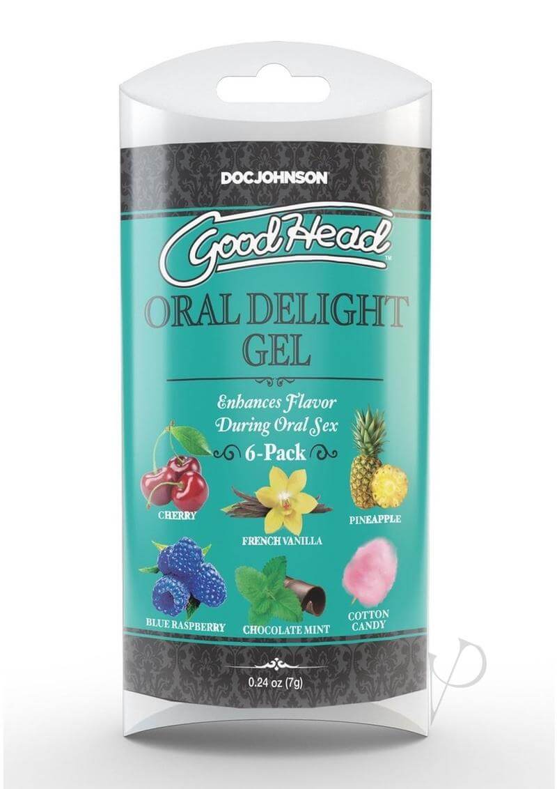 GoodHead Oral Delight Gel 6-Pack by Doc Johnson with variety of flavors for enhanced oral sex pleasure.