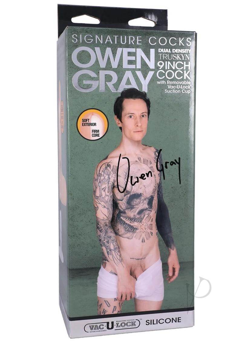 Packaging of Signature Cocks TRUSKYN 9-inch Owen Gray realistic dildo with dual-density silicone and suction cup