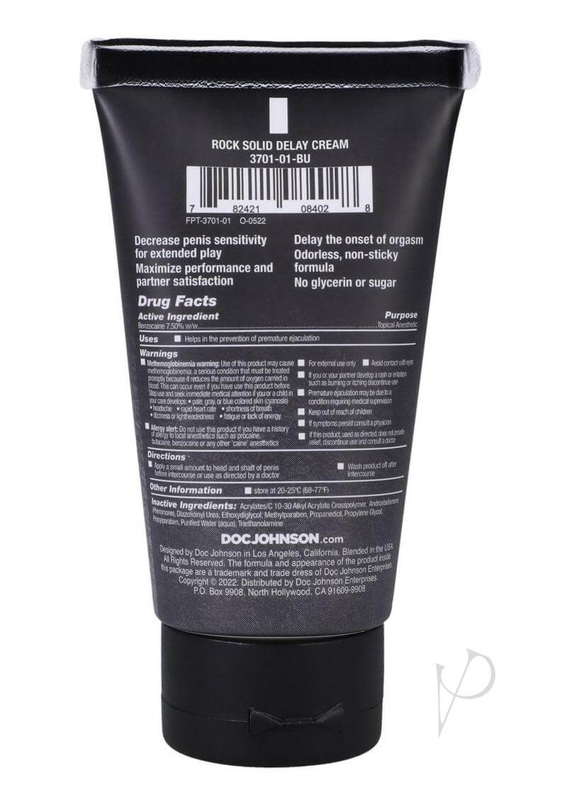 Rock Solid Delay Cream 2oz Bulk - back of tube showing product information and ingredients for extended pleasure and sensation