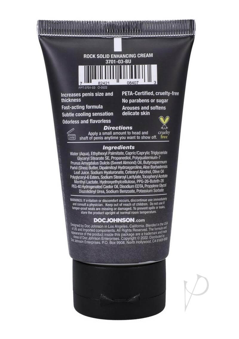 Back of Rock Solid Enhancing Cream 2oz packaging displaying ingredients and product details