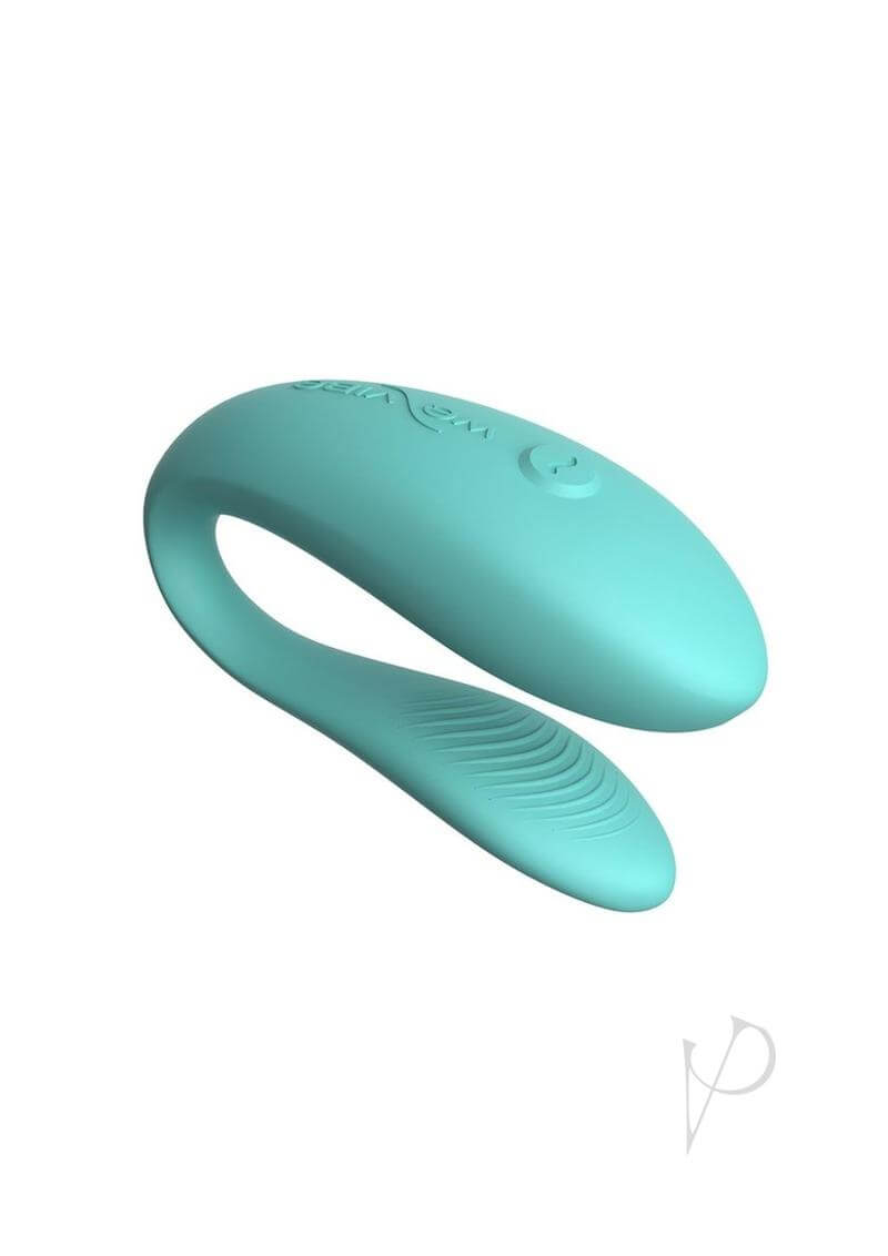 We Vibe Sync Lite Aqua C-Shape vibrator for couples in turquoise, controlled via app for hands-free vibrations and enhanced connection.