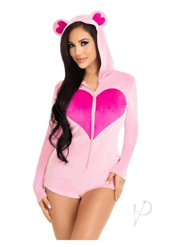 Leg Avenue Sweetheart Bear Velvet Zip Up Romper Medium Pink featuring hood and heart design, perfect for cozy wear.