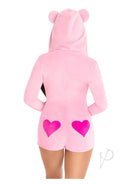 Back view of the Leg Avenue Sweetheart Bear Velvet Zip Up Romper Medium Pink with hood and heart details.