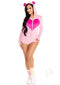 Leg Avenue Sweetheart Bear Romper Large Pink worn by a model, featuring heart accents and a bear ear hood.
