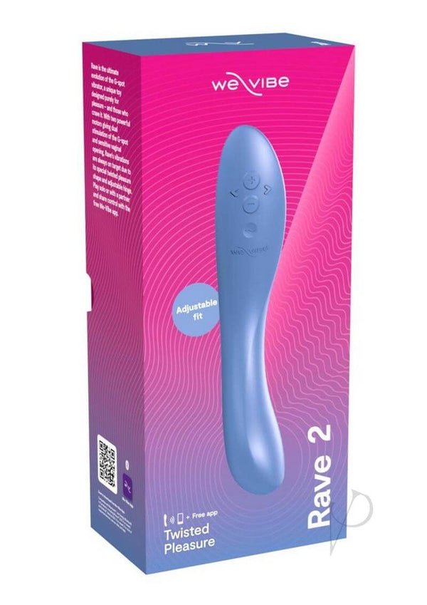 We-Vibe Rave 2 Blue vibrator in packaging, designed for precise G-spot stimulation with ergonomic twist, offering intense pleasure.