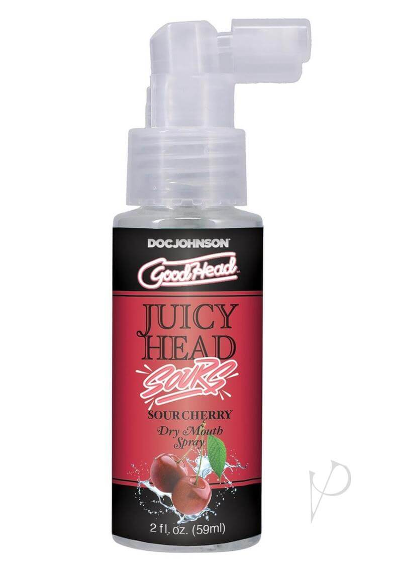 GoodHead Juicy Head Sour Cherry Dry Mouth Spray 2oz in a red bottle for instant moisture and fresh breath during oral pleasure