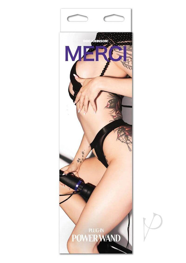 Packaging of Merci Power Wand, Intense Wand-Style Massager with Versatile Attachments for pleasurable external and internal stimulation.